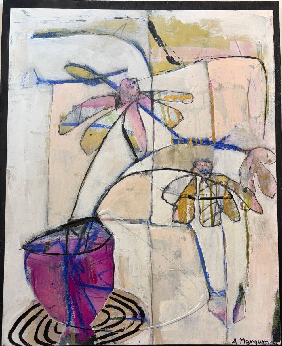 Pink flowers in a magenta pot, signed A Mangum, at Pure Space, Gaia