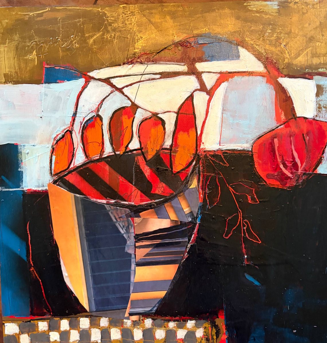 Abstract still life in gold, red and black, at Pure Space, Gaia