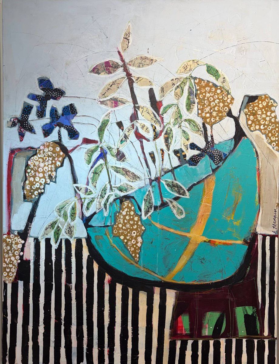 Branches in a turquoise bowl on a striped cloth, a painting by A Mangum at Pure Space, Gaia